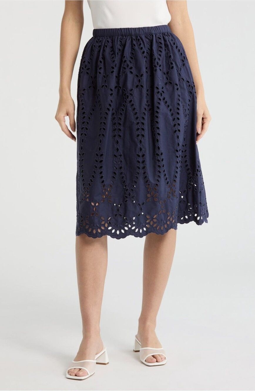 Frank & Eileen Grace Eyelet Midi Skirt Womens L Navy Cotton Cottage Summer